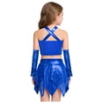 thumbnail image 5 of SiiRoh Girls 3Pcs Hip Hop Street Dance Outfits Cross Keyhole Sequins Metallic Crop Top+Skirt+Gloves Disco Dancewear Blue 14, 5 of 6