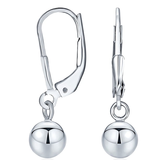 Simple Basic Dangling Lever back Round Bead Ball Drop Earrings for Women .925 Sterling Silver 6MM