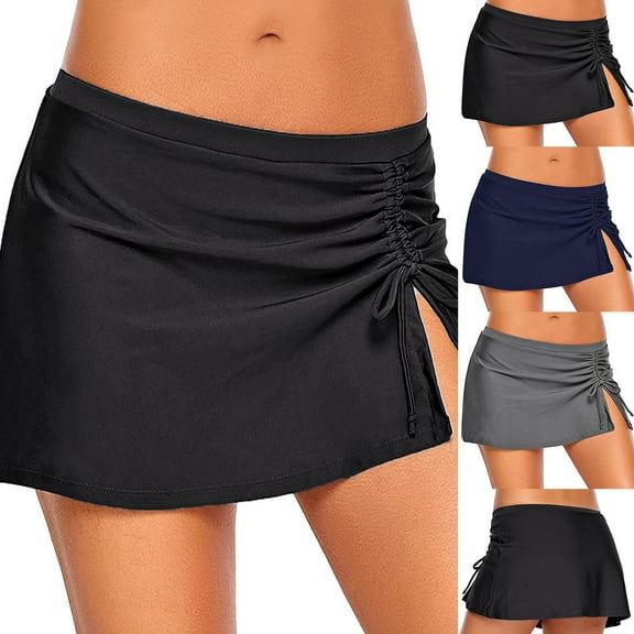 felwors High Waisted Swim Skirt - 2026 Side Slit Drawstring Bathing Suit Skirt Tummy Control Swim Skort for Women (Black, S)