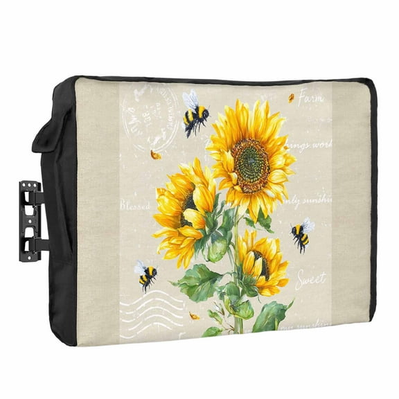 Outdoor TV Cover 70 to 75 Inches, Farmhouse Floral Sunflowers Bee Vintage Linen Background Waterproof TV Cover with Remote Control Pocket, Flat Screen TV Cover Protector for Outside TV