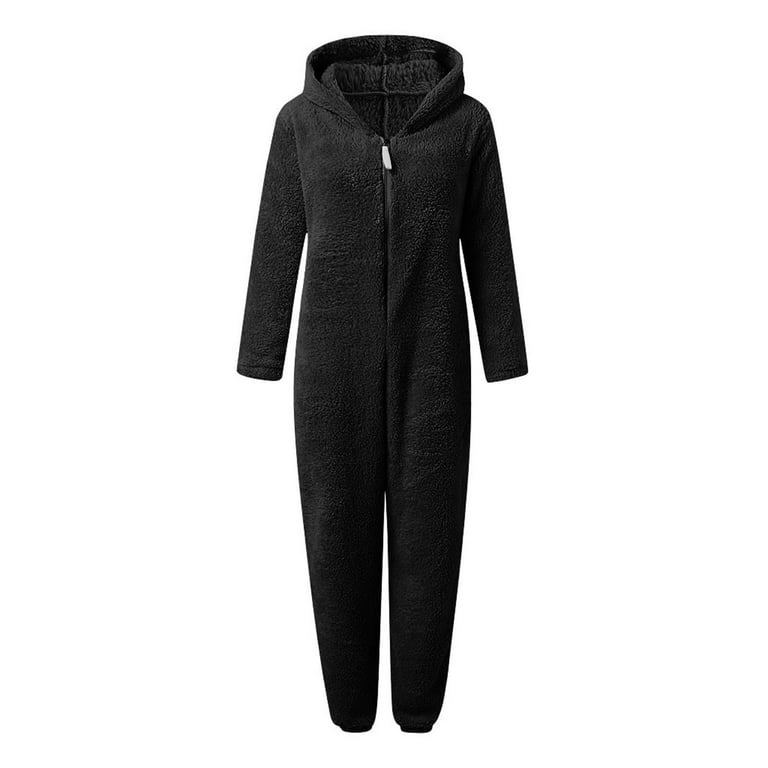 AherBiu Pajamas Jumpsuits for Women Plus Size Fleece Fluffy Sleepwear 1/2  Zip up Hooded Long Sleeve Plush Rompers 