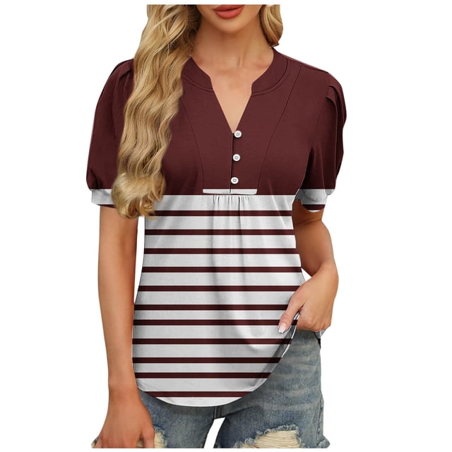 Liquidation d'Économies! Hauts pour Femmes Grande Taille, Blouse d'Été à Manches Courtes pour Femmes, Blouse Décontractée à Imprimé à Col en V à Manches Courtes pour Femmes