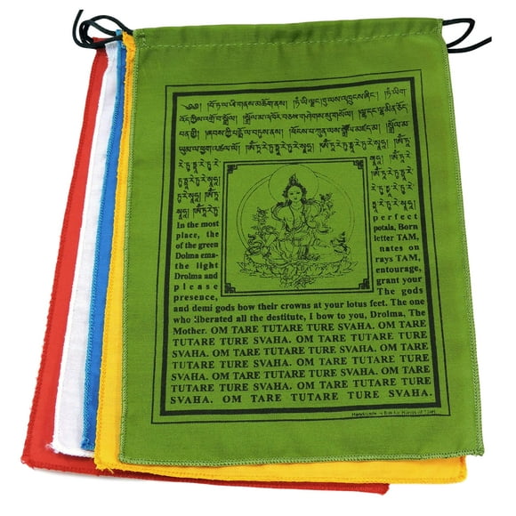 Handmade Green Tara Tibetan Prayer Flags with English Translation (9"X12")