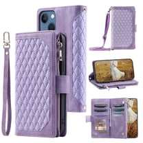 Feishell Crossbody Wallet Phone Case for iPhone 14 Plus,Luxury PU Leather Magnetic Buckle Zipper Pocket Card Slots Shockproof Flip Stand Protective Cover with Hand Strap & Shoulder Strap,Purple