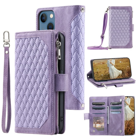 Feishell Crossbody Wallet Phone Case for iPhone 14 Plus,Luxury PU Leather Magnetic Buckle Zipper Pocket Card Slots Shockproof Flip Stand Protective Cover with Hand Strap & Shoulder Strap,Purple
