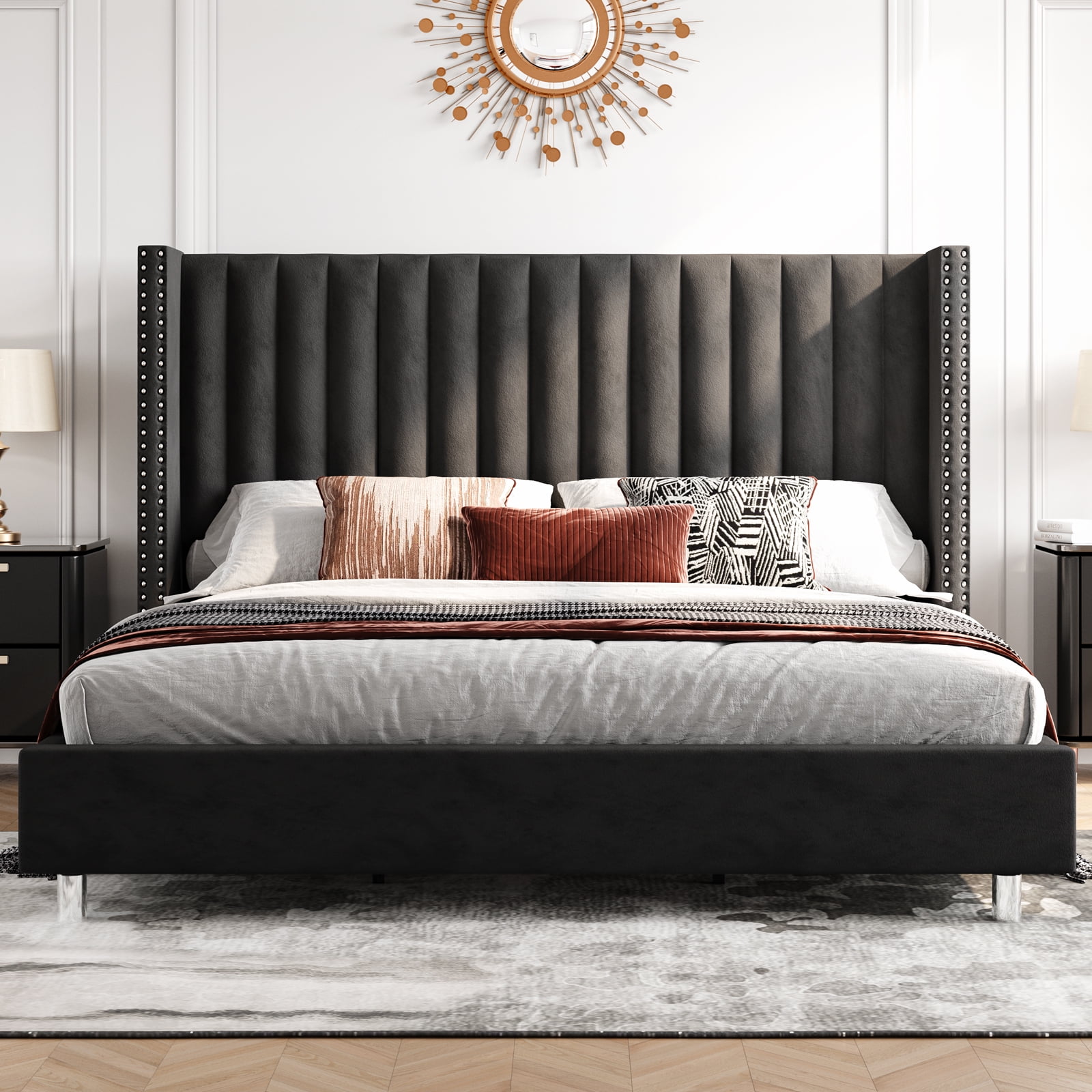 Merluxy Bed Frame King Size Upholstered Bed Wingback Headborad Velvet Channel Tufted/No Box Spring Needed/Black