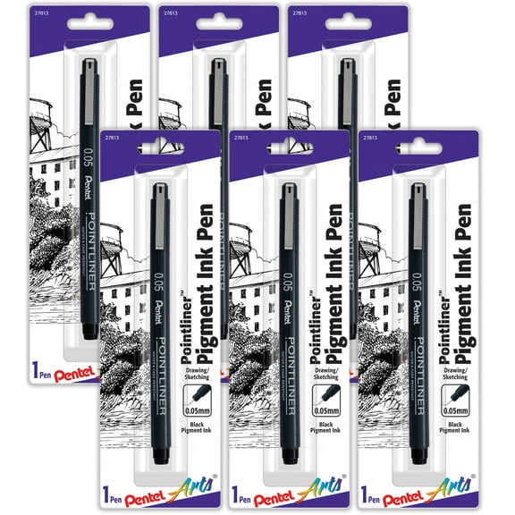 Pentel Arts Pointliner Pen, 0.05mm, Black Pigment Ink, Pack of 6
