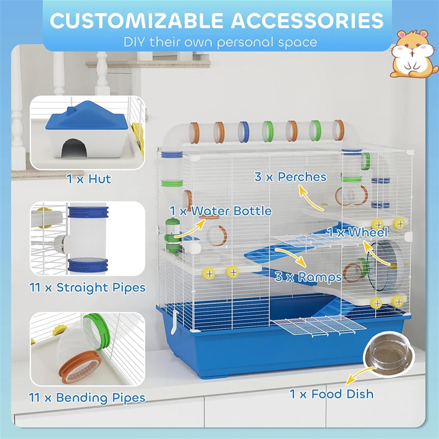 resenkos 30" Large Hamster Cage, Gerbil Cage with Tubes and Tunnels for Syrian Gerbil, 4 Tiers Small Animal Habitats Exercise Wheel, Water Bottle, Blue