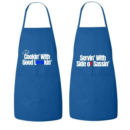 

Matching His and Hers Apron Set - Cookin with good lookin Servin with a side of Sassin - Set of 2 Matching Couples Cooking Apron Kitchen BBQ House Warming wedding.