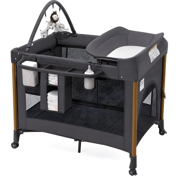 suihuooo One-Touch Foldable Baby Playard with Bassinet,Changing Table,Wheels and Storage Basket for Newborn,Dark Grey
