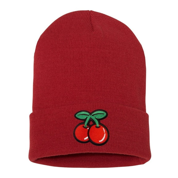 Top Headwear Cherry Beanie - Men's Womens Long Winter Cuff Cherries Beanie Cap, Red