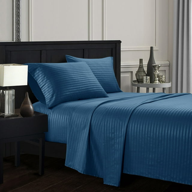 YYAO King Size Luxurious Striped Sheet Set for Home Hotel, 4 Piece, Navy Blue