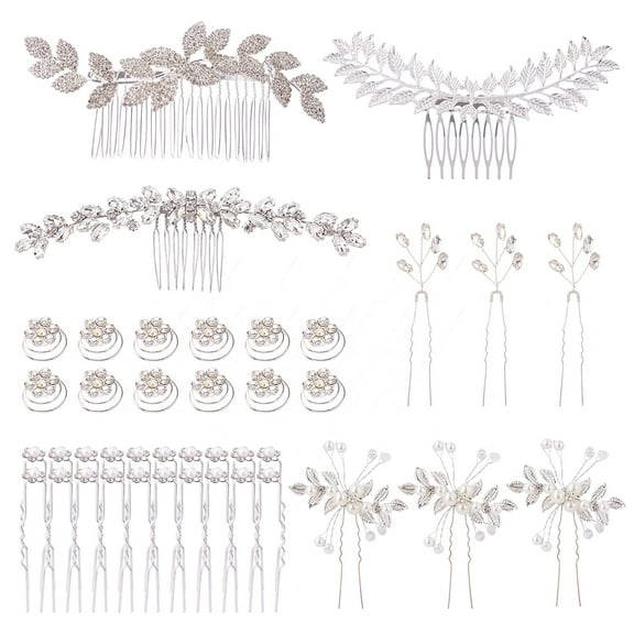 41 Pack Sparkly Silver Rhinestone Leaf Flower Pearl Bridal Hair Side Combs U-shaped & Twist Hair Pins Clips Barrettes Wedding Headpieces Accessories for Women Girls Brides Bridesmaids
