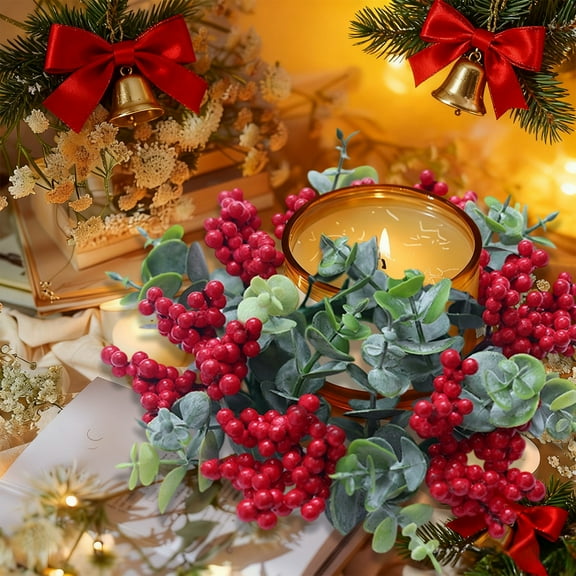 Eoozwa 1 Packs Christmas Candle Ring Garland with Pine Cones and Red Berries Festive Table Centerpiece for Holiday Decor Winter Wedding Mantel Kitchen Cabinet Decor Artificial Snow Flocked Greenery