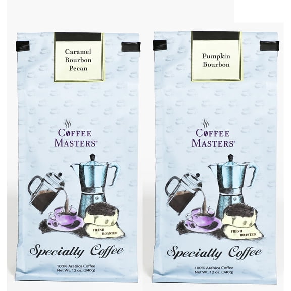 Coffee Masters Fall Bourbon Coffee Sampler -Pumpkin Bourbon and Caramel Bourbon Pecan 12 oz Ground Coffee
