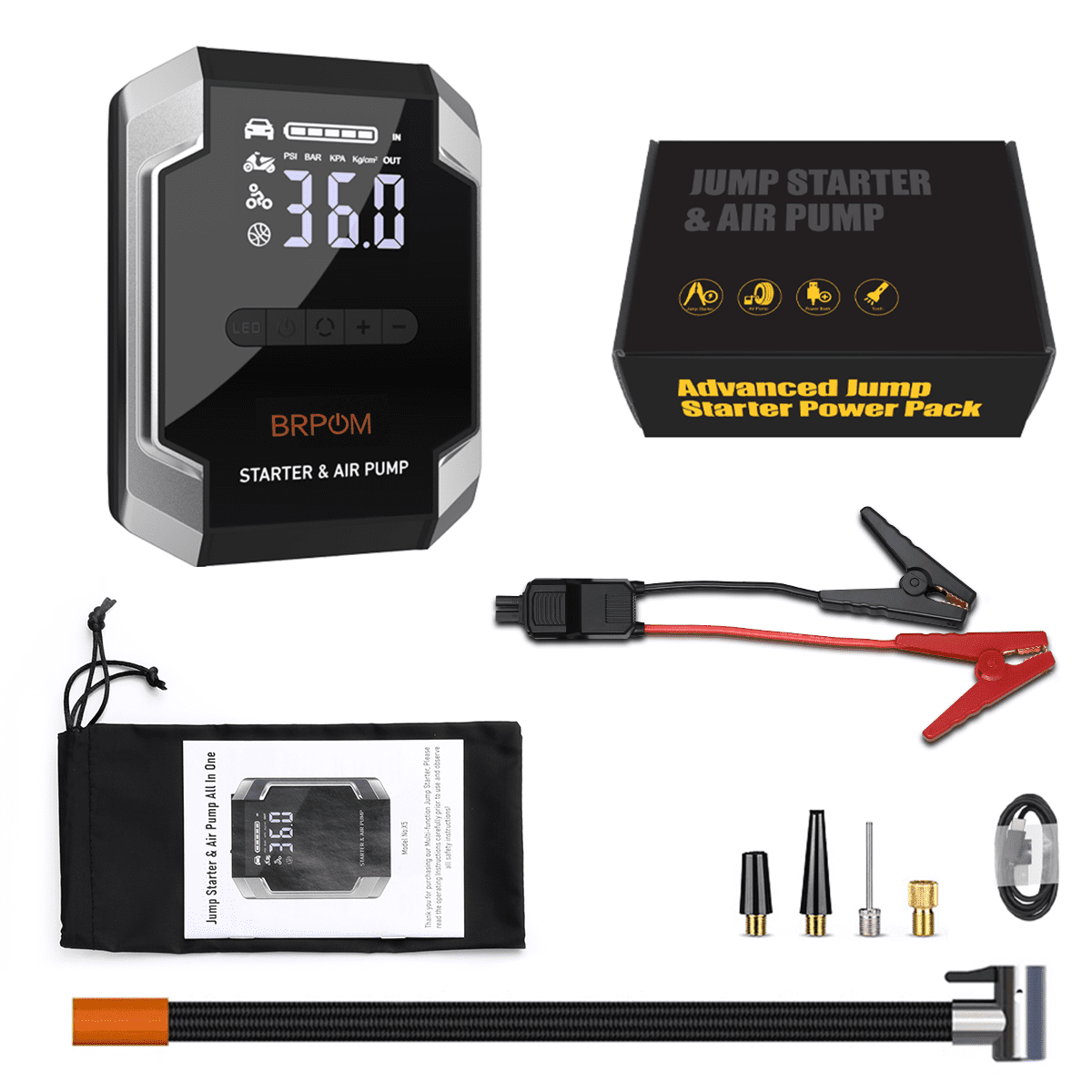 BRPOM 8500A Car Jump Starter with Air Compressor 150PSI, 10000mAh Portable Car Battery Jump Starter Box 12V (All Gas/10L Diesel), QC 3.0 Power Bank, LCD Display, LED Emergency Light, Jumper