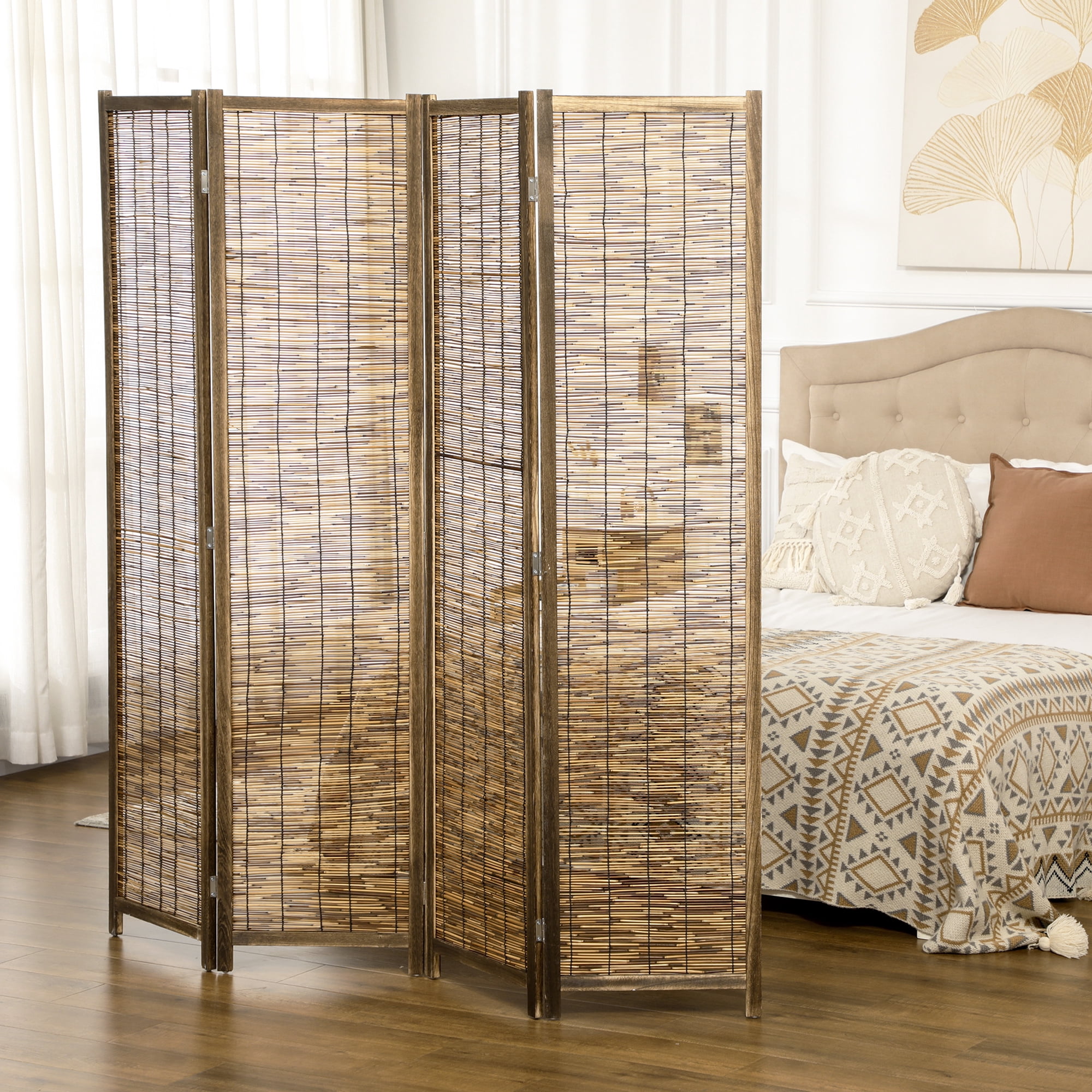 Homcom 4 Panel Room Divider,5.5 Ft Portable Folding Privacy Screens,Reed Hand-Woven Freestanding Partition Wall Dividers for Home Office,Carbonized,Brown Bamboo Household Supplies Décor Privacy