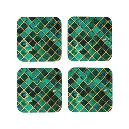 

Fuzoiu Green Mosaic Glass Print Leather Coasters Set Drink Coasters Set of 4 for Tabletop Protection Durable PVC Coasters Home Décor and Housewarming Gift-Square