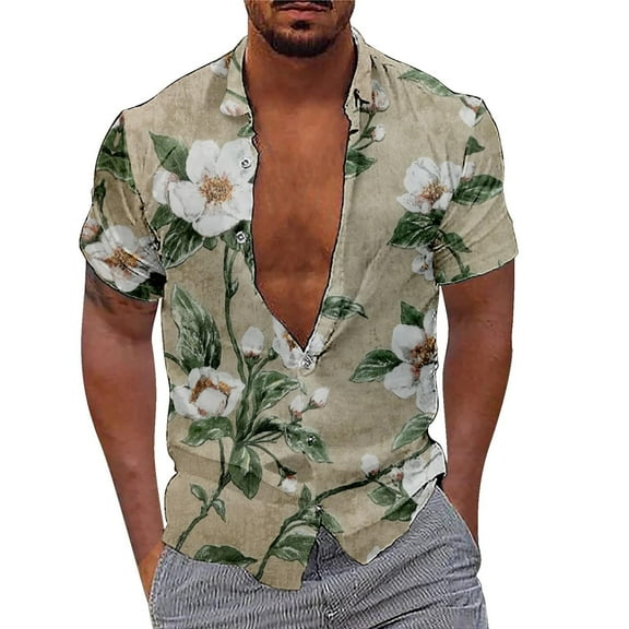 Hpapadks Mens Shirts Floral 3D Digital Print Short Sleeve Lapel Button Blouses Loose Fit Mens Dress Shirt Green XXS