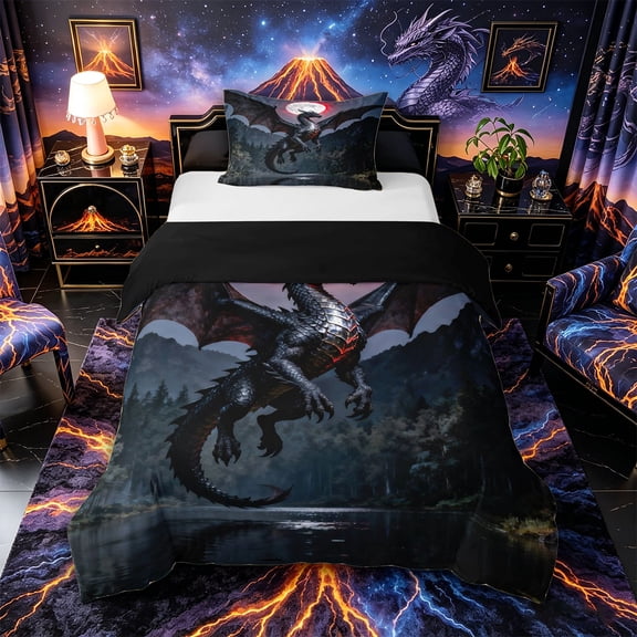 Metsweet Dark Dragon Twin Duvet Cover, Gothic Animal Twin Bedding, Black Red Gray,Black Reversible,2pcs,1 Duvet Cover and 1 Pillowcase