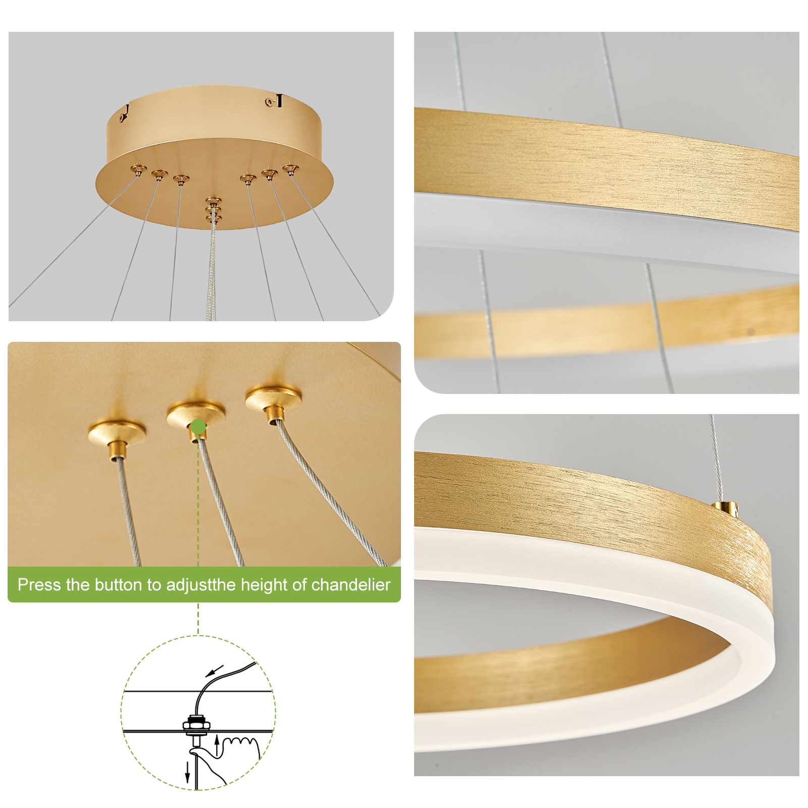 Gold 3-Rings Modern LED Chandelier Dimmable Pendant Lighting with Remote Control Circular Flush Mount High Ceiling Light for Living Room Dining Room Foyer, 3000K-6500K D31.5"