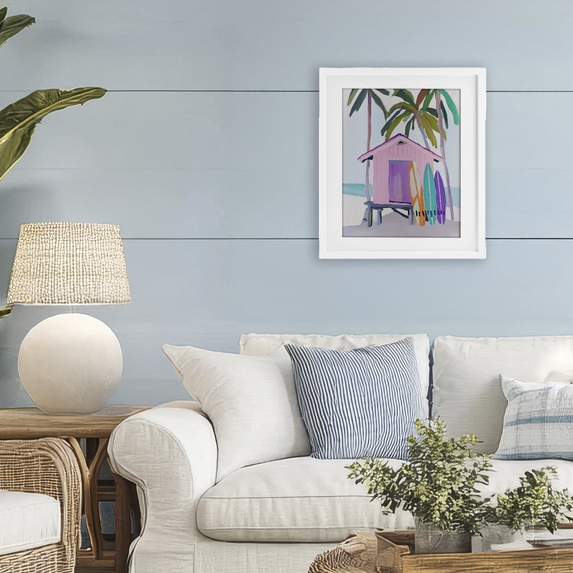 Stupell Industries Pink Beach Hut with Surfboards White Framed Print Under Glass, design by Sisi and Seb