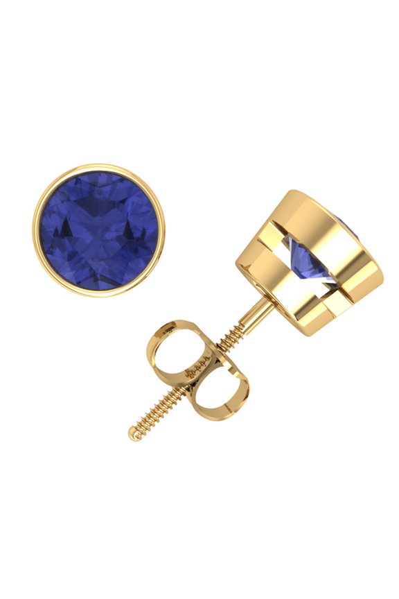 2Ct Round Tanzanite Solitaire Stud Earrings 14k Yellow Gold Bezel Screwback AAA Quality