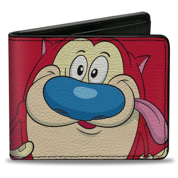 Nickelodeon Wallet, Bifold, The Ren and Stimpy Show Stimpy Face and Logo Red, Vegan Leather