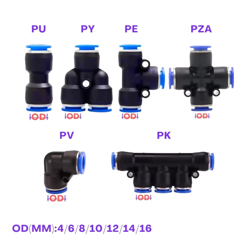 Pneumatic Fittings, Air Hose Quick Connectors, Push-In Fitting Kits for 5/32“, 1/4”, 5/16“, and 3/8” OD Tubing