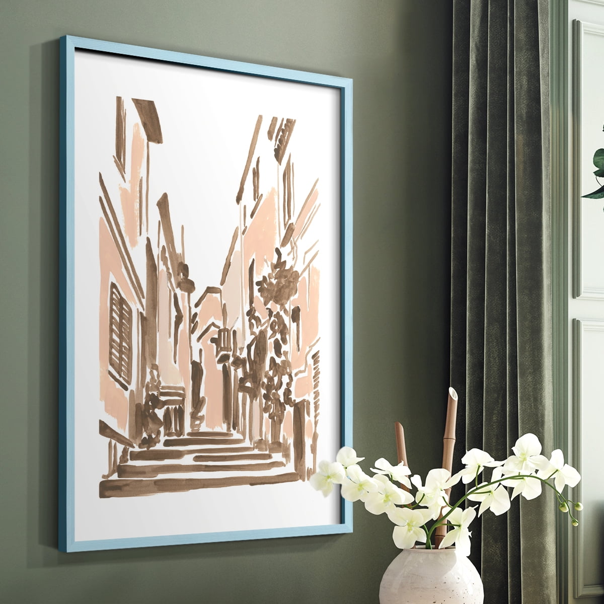 Blush Architecture Study I Framed Print in Blue Solid Wood Framed Print No Nail Hanging