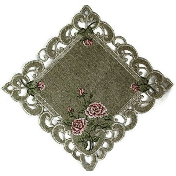 Doily Boutique Square Doily with Pink Roses on Sage Green Burlap Linen Fabric, Size 23 inches