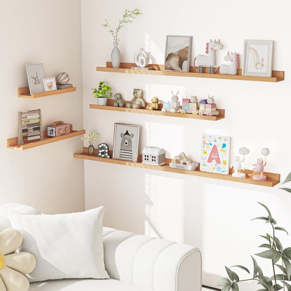 Picture Ledge Shelf, Floating Shelves Set of 2, 48 Inches Picture Shelf for Wall with Ledge, Kids Bookshelf Wall Mounted for Living Room Bedroom Decor Books Photo Frames, Natural Oak