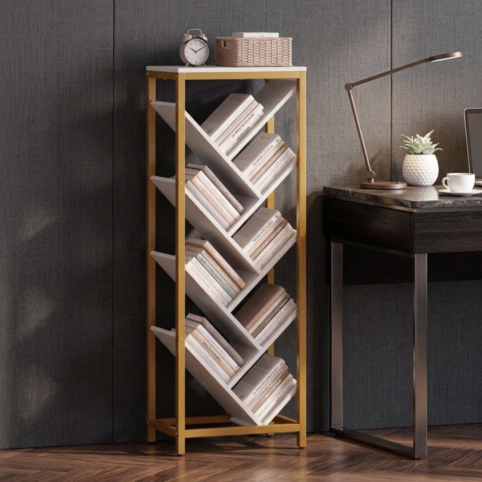 Furnibear 9-Tier Freestanding Tree Bookcase Tall Wood Bookshelf with Staggered Open Shelves and Sturdy Metal Frame for Books, White