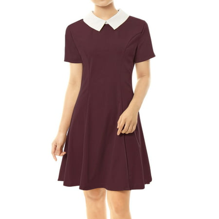 Women Peter Pan Collar Above Knee Fit and Flare Dress Skirt Red M (US