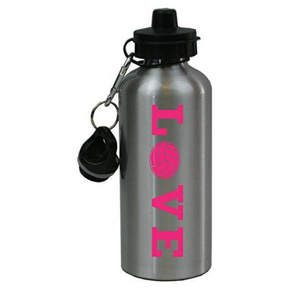 Silver Aluminum Hot Pink LOVE Volleyball, 20-Ounce (600 ML) Sport Water Bottle with Sports Top, Carabiner