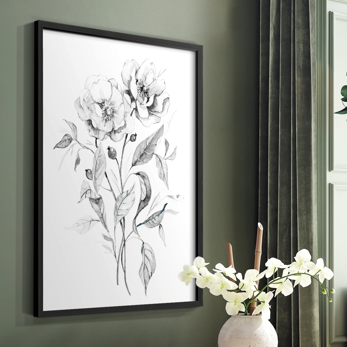 Wild Roses Sketch Framed Print in Black Solid Wood 8 x 10 Framed Print