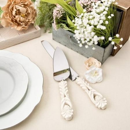 Wedding Flutes Cake Servers - Fashioncraft Baroque Design Antique Ivory Cake Server And Cake Knife Set, Ivory