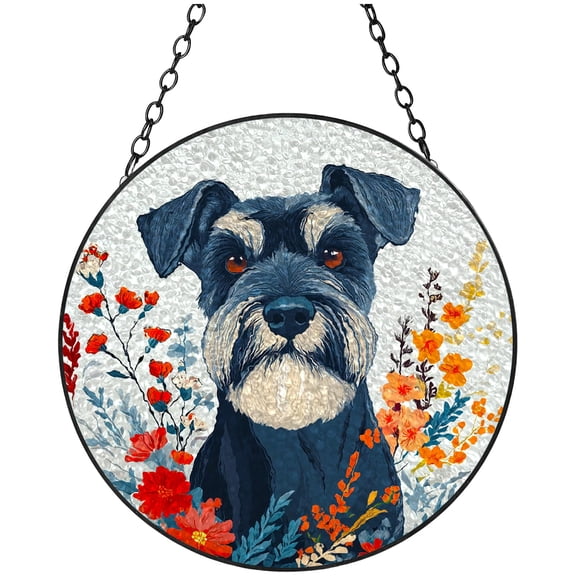 Stained Glass Suncatcher Schnauzer Dog and Flowers Colored Handmade Window Hangings Glass Suncatcher Crafts Kits for Indoor Garden Christmas Decor Memorial Gift 16x16cm