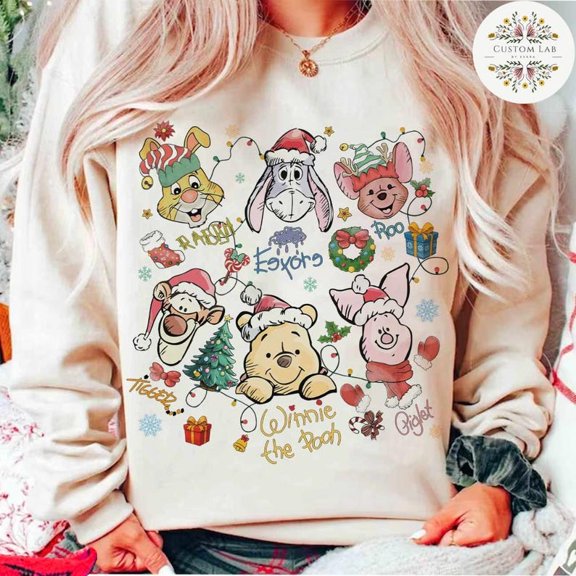 Retro Winnie The Pooh Sketch Signature Disney Christmas Shirt, Pooh Bear and Friends Merry Christmas, Piglet Tigger Eeyore Holiday Family