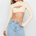 thumbnail image 2 of Turtleneck Cropped Tops for Women Long Sleeve Cutout Solid Hollow Out Trendy Y2k Spring Summer Sweater Pullover T-Shirts Beige,S, 2 of 6