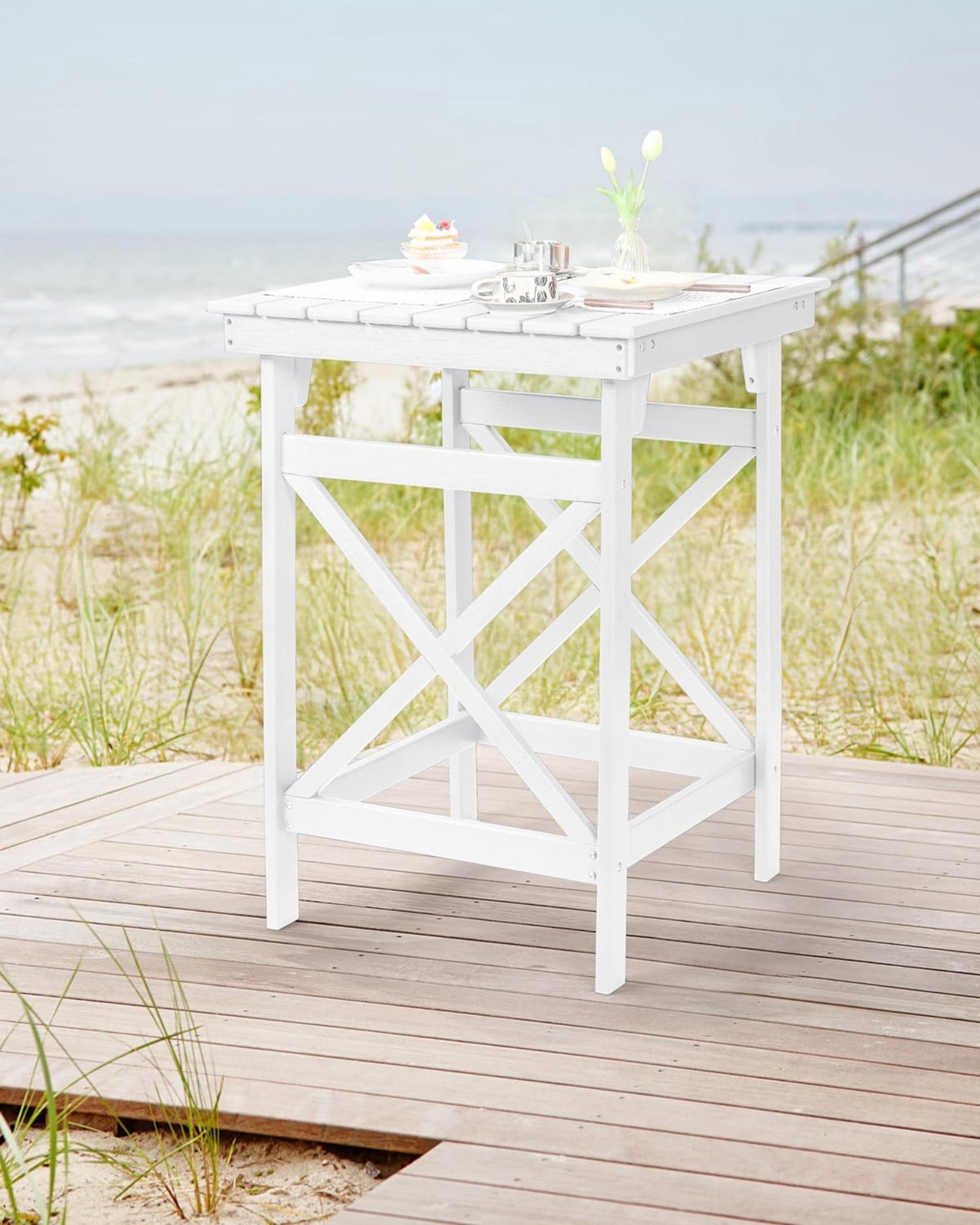 HDPE Outdoor Bar Table, 41" Adirondack Patio Bar Height Table, Weather Resistant High Top Pub Table for Poolside, Balcony, Porch, Garden, Pearl