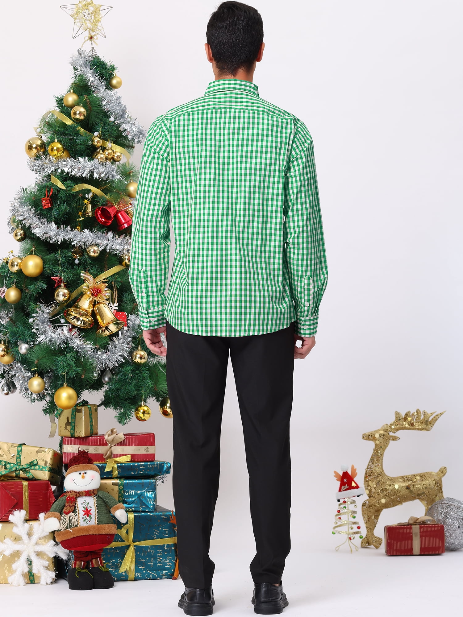 Unique Bargains Men's Plaid Button Down Long Sleeves Dress Checkered Shirts M Green White