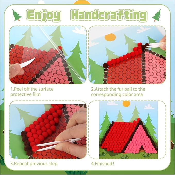 CORNER LACE Camping Theme DIY Pom Pom Art Set for Kids Age 3-6 Years Old 3 Pieces - Fun Arts and Crafts, Sensory Activity Creativity Birthday Christmas Gift Includes 3 Patterns