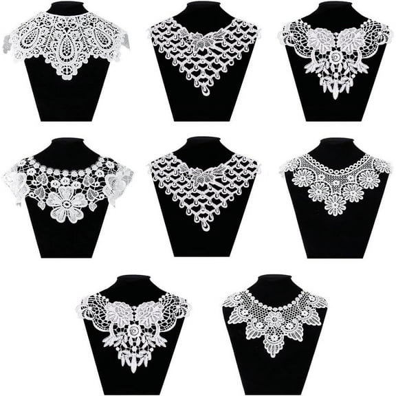 1 Bag 8Pcs 8 Style Milk Silk Embroidered Floral Lace Collar Neckline Trim Clothes Sewing Applique Edge Flower White 218~290x295~505x1~1.5mm 1pc/style