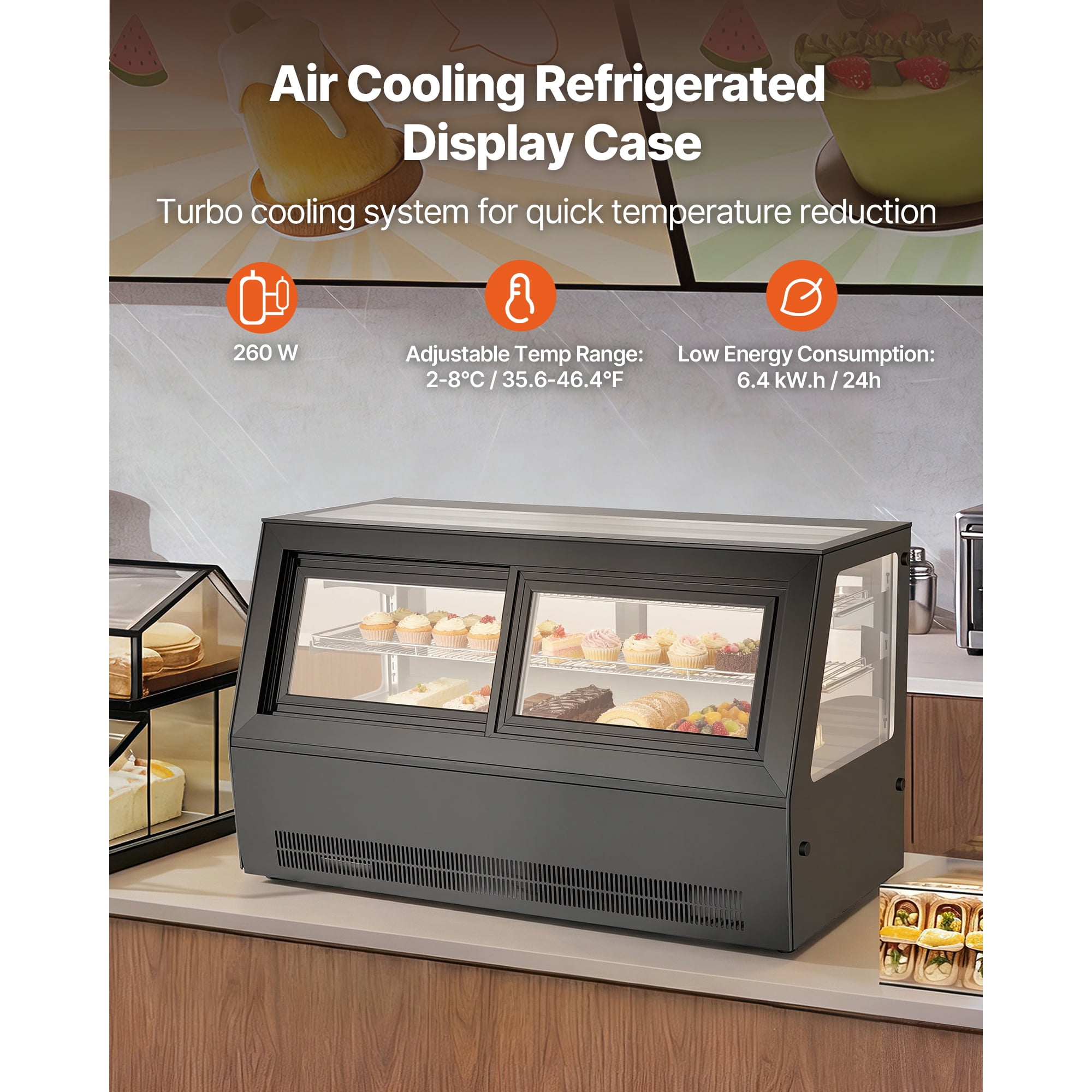 KFFKFF Refrigerated Display Case, 7.1 Cu.Ft./190L Countertop Pastry Cooler, 2-Tier Commercial Cake Fridge with LED Lighting, Efficient Cooling, Frost-Free Air Circulation, Ideal for Dessert Shops