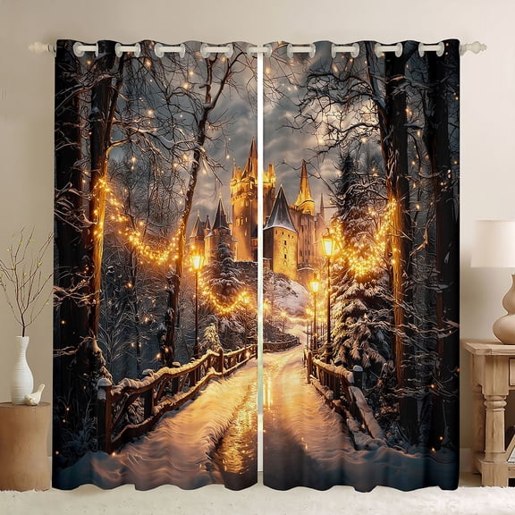 Castle Fairy Princess Castle Black Out Curtains for Children Teens Adults,Happy Winter Xmas Curtains Pack of 2 (42x63 Each),Merry Christmas Bedroom Curtains,Super Cozy Room Decor