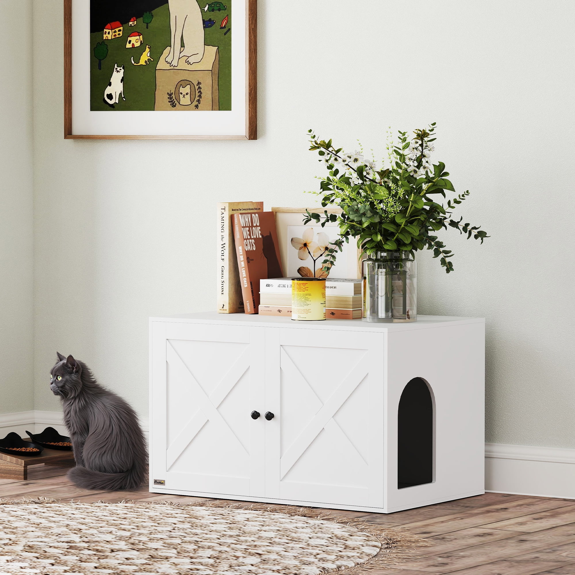 PawHut Cat Litter Box Enclosure, Hidden Litter Box Furniture with Barn Door, Cat Hole, End Side Table, 31.5" x 21" x 20", White