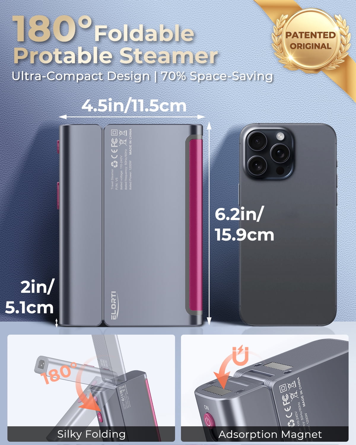 Hulmay Travel Steamer for Clothes, 110-220V Portable Steamer & Iron, 15s Heat Up, 1200W Foldable Travel Size, 110ml Tank for Home, Europe & Global Use