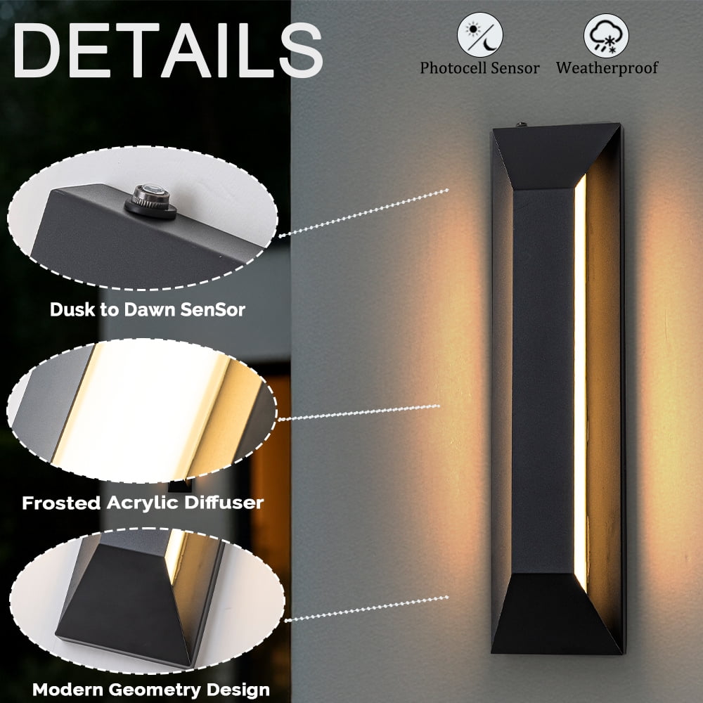 H22" Large Dusk to Dawn Modern Outdoor Wall Light 24W Integrated LED Exterior Wall Sconce with Black Trapezoid Design and Acrylic Shade for Garage Entryway