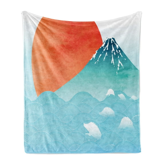 Wave Soft Flannel Fleece Throw Blanket, Image Japanese Far Eastern Nature Sun Ocean and Mountain, Cozy Plush for Indoor and Outdoor Use, 70" x 90", Vermilion Seafoam, by Ambesonne